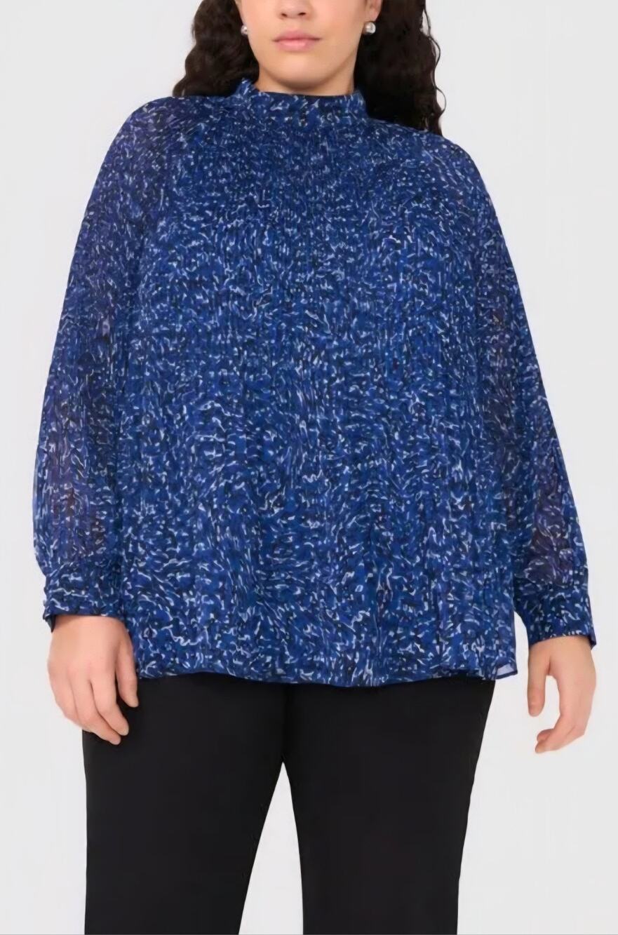 Halogen Release Pleat Mock Neck Women's Top, Blue, Plus Size 2X Business Casual